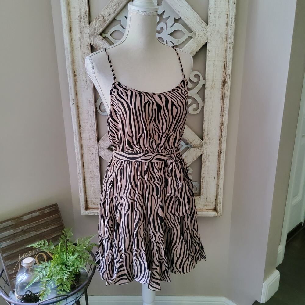 Mittoshop Zebra Print Ruffle Hem Cami Mini Dress Y2K Coquette M L Animal Print